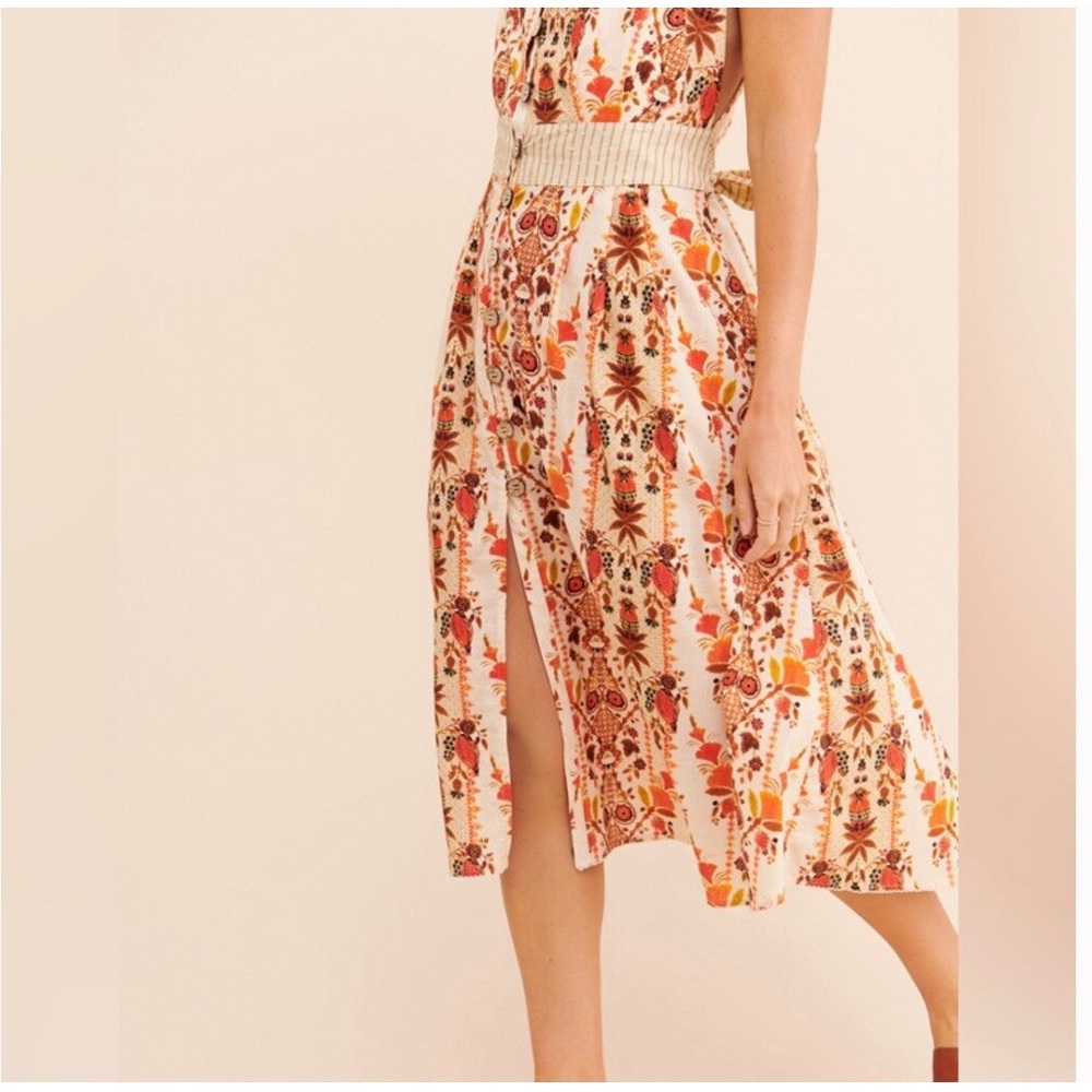 AGUA BENDITA GOLDENROD BUTTON MIDI DRESS BY ANTHROPOLOGIE FLORAL COTTON DRESS - Picture 14 of 16